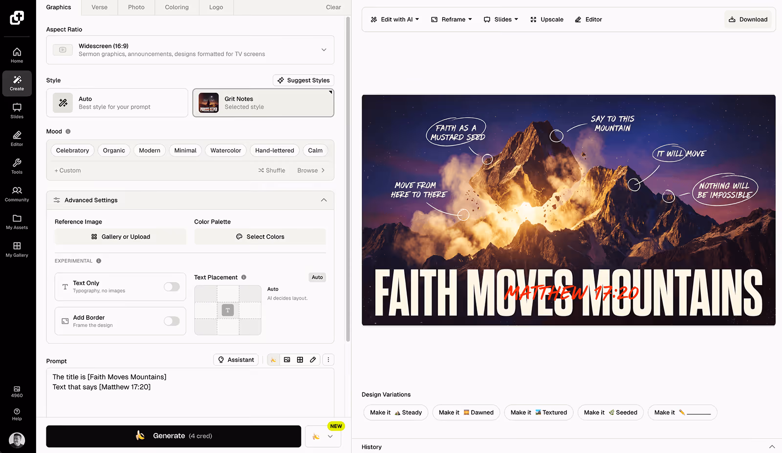 Church Canvas app, generating a sermon graphic from a prompt